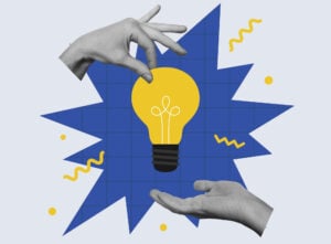 Two hands pass each other bulb lamp. Sharing ideas and experiences, brainstorming, creative team concert. Vector illustration