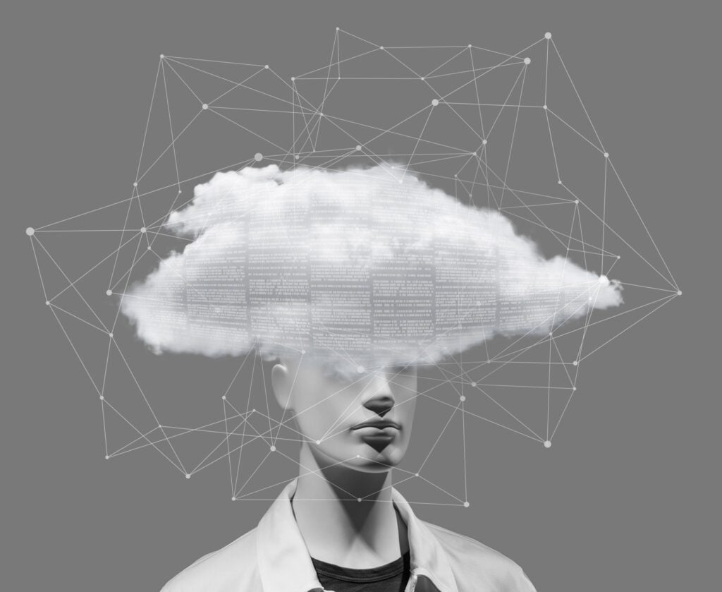 Conceptual of technology connections and big data with binary code.Symbolizes cloud computing, digital networks, and the integration of human and artificial intelligence