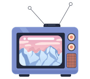 Mountains rocky on 1980s tv 2D cartoon object. Old fashioned retro television program isolated vector item white background. Snow capped peaks. Watching nostalgia show color flat spot illustration
